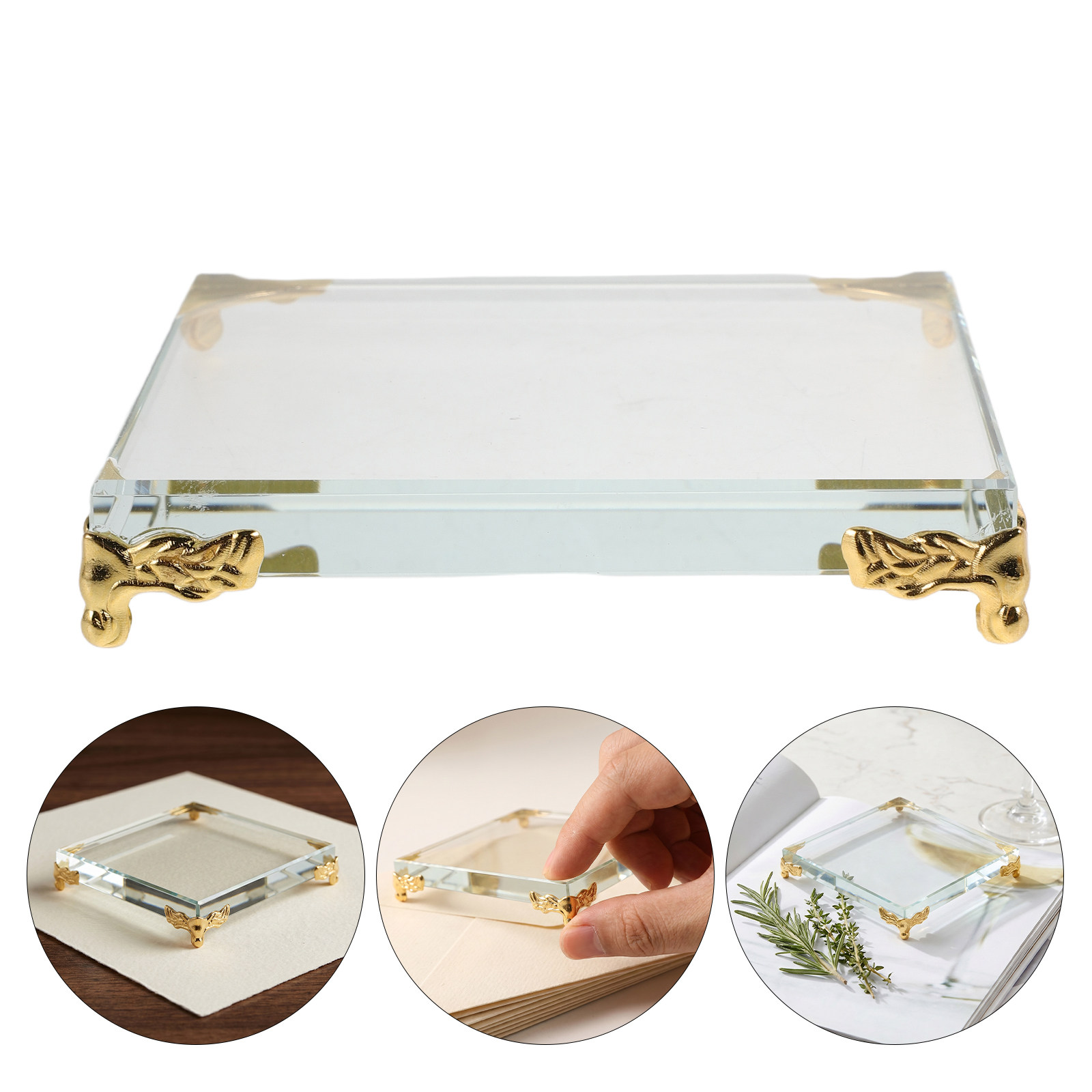 Paper Weight Crystal - Vierkante kristallen papiergewicht met gouden rand,